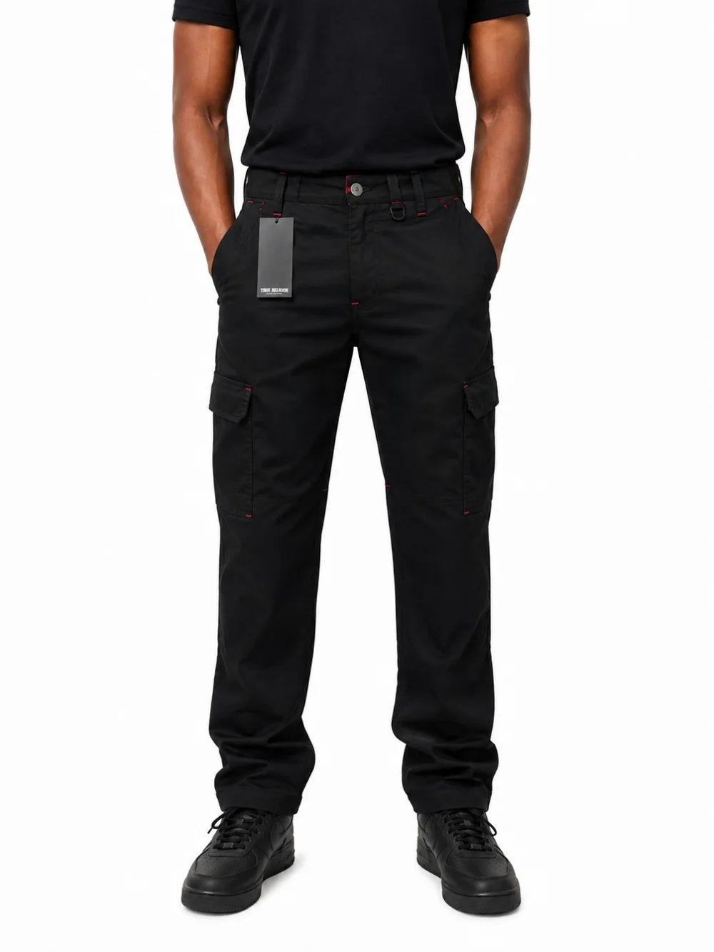 True Religion Men’s Black Cargo Pants with Red Back Pocket Logo